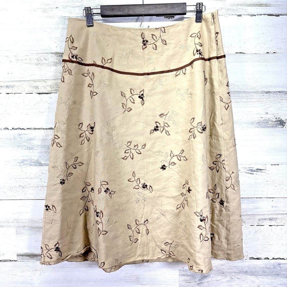 Dress Barn Tan Floral Gold Linen Embroidered Beaded Sequin A Line‎ Midi Skirt 14